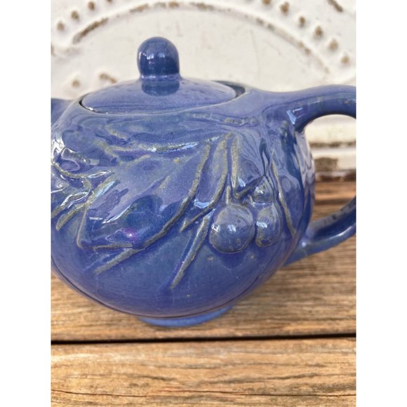 Antique 1930s Blue Glaze stoneware pottery Small Teapot Cherry Leaves - Picture 2 of 13